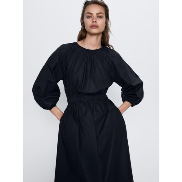 NWOT ZARA BLACK L/S BACK CUT OUT POPLIN DRESS, SIZE: XS - Picture 6 of 9